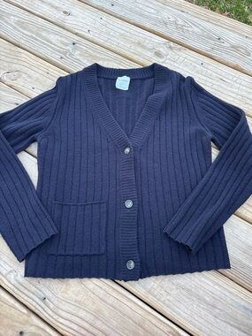 St. John Navy Ribbed V-Neck Cashmere Button Cardigan
